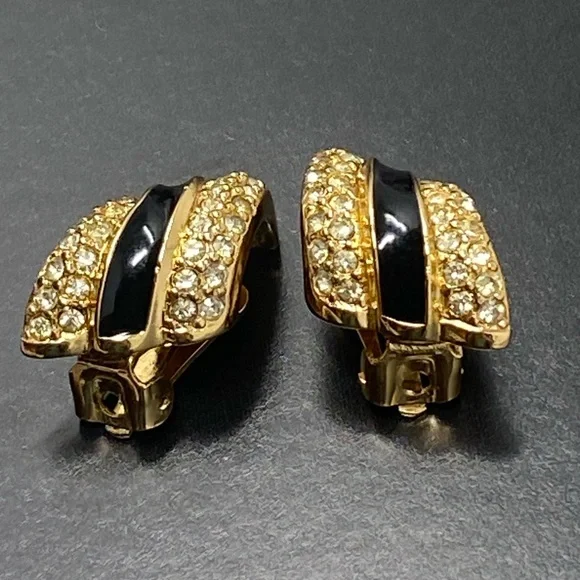 Christian DIOR Vintage earrings with crystals and black enamel - Picture 6 of 15